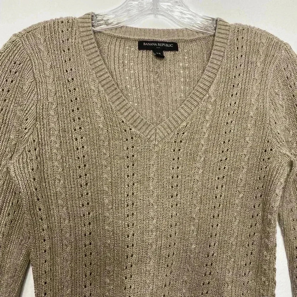 Banana Republic V-neck Metallic Open Knit Cable-Knit Sweater - Picture 3 of 5